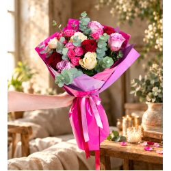 Lila Pembe Bukette Kırmızı Beyaz ve Pembe Güller Lila Pembe Bukette Kırmızı Beyaz ve Pembe Güller