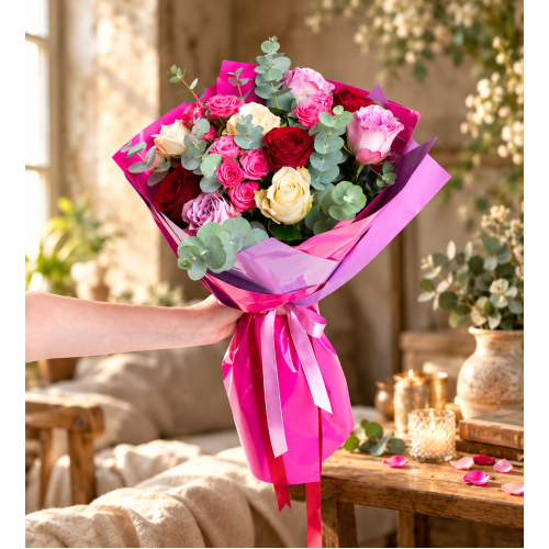 Lila Pembe Bukette Kırmızı Beyaz ve Pembe Güller Lila Pembe Bukette Kırmızı Beyaz ve Pembe Güller