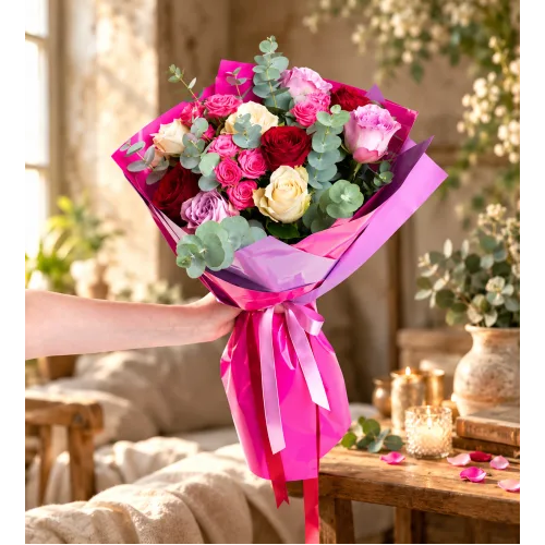 Lila Pembe Bukette Kırmızı Beyaz ve Pembe Güller Lila Pembe Bukette Kırmızı Beyaz ve Pembe Güller