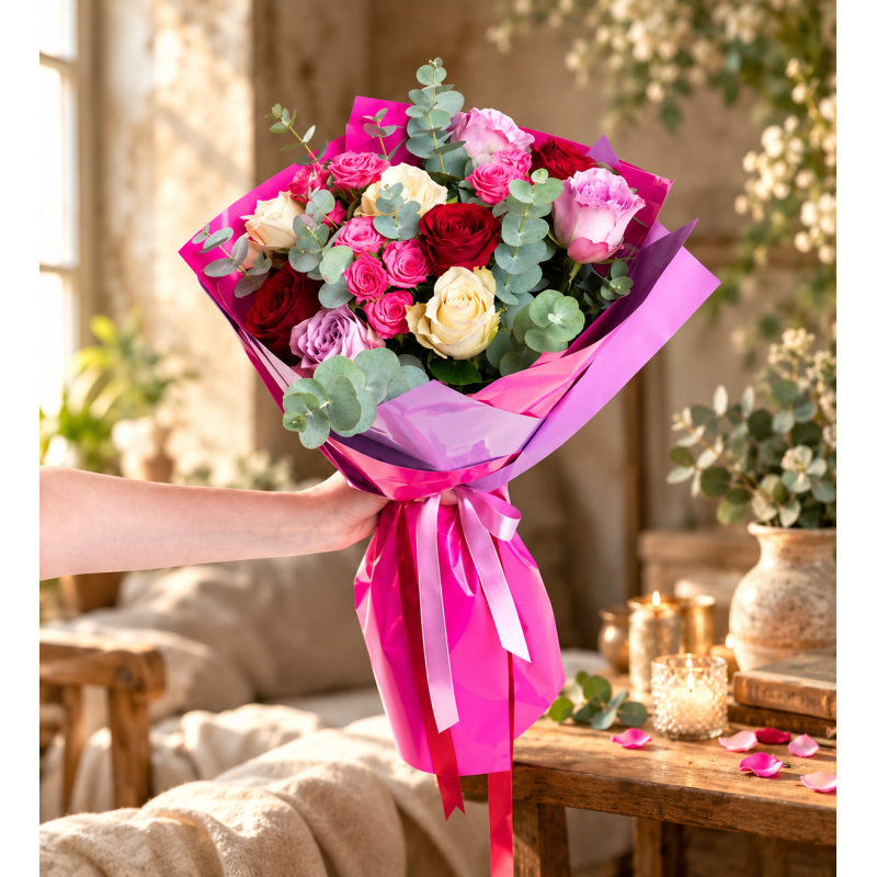 Lila Pembe Bukette Kırmızı Beyaz ve Pembe Güller Lila Pembe Bukette Kırmızı Beyaz ve Pembe Güller