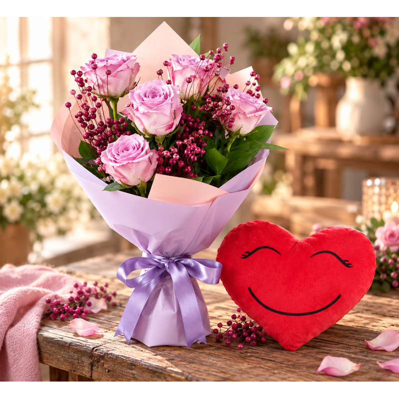 Lila Pembe Bukette 5 Lila Gül ve Gülen Kalp Yastık