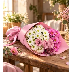 Pembe Bukette 3 Lila Gül ve Pembe Beyaz Papatyalar Pembe Bukette 3 Lila Gül ve Pembe Beyaz Papatyalar