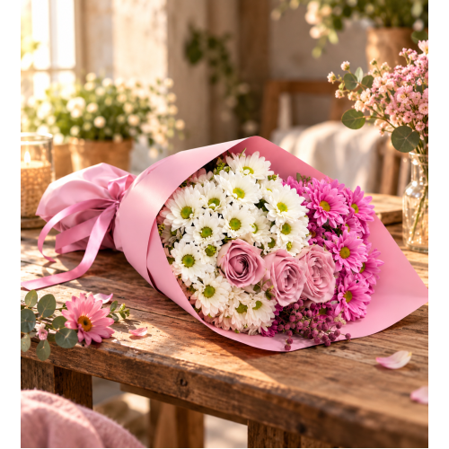 Pembe Bukette 3 Lila Gül ve Pembe Beyaz Papatyalar