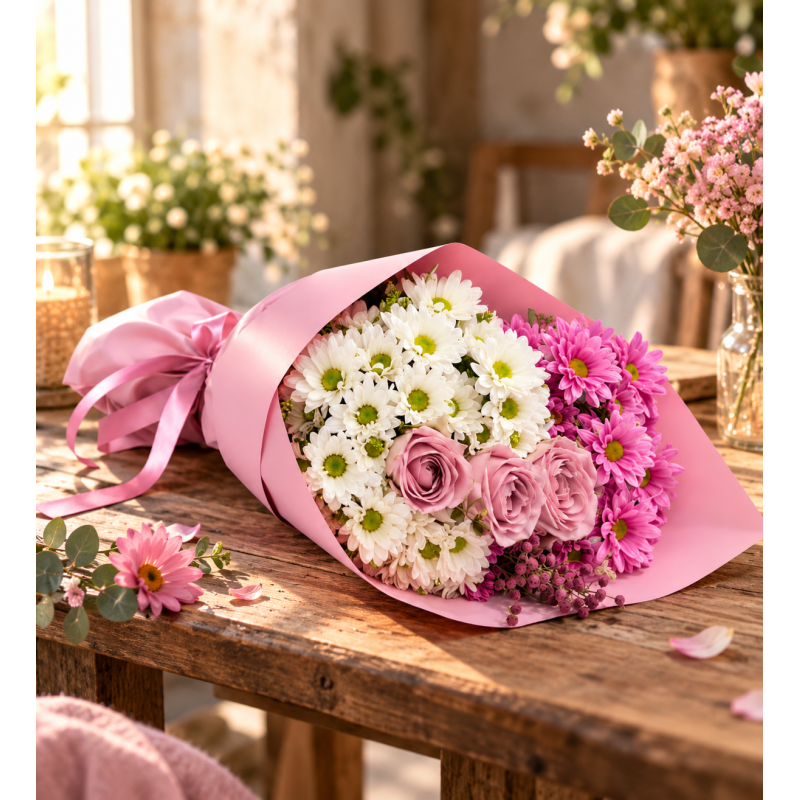 Pembe Bukette 3 Lila Gül ve Pembe Beyaz Papatyalar