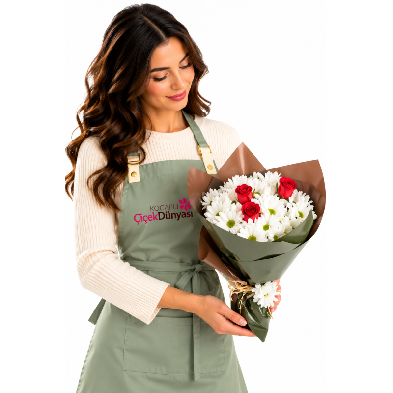 Yeşil Kahve Bukette Papatyalar ve Kırmızı Güller